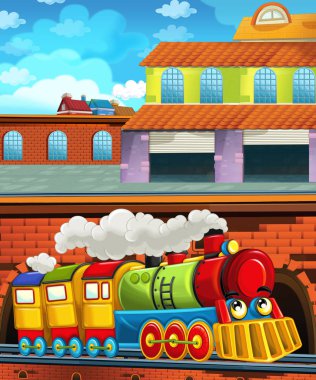 Şehrin yakınındaki tren istasyonunda çizgi film komik görünümlü tren - çocuklar için illüstrasyon