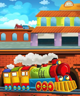 Şehrin yakınındaki tren istasyonunda çizgi film komik görünümlü tren - çocuklar için illüstrasyon