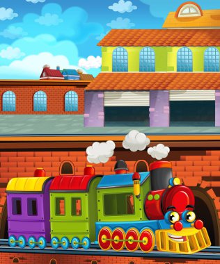Şehrin yakınındaki tren istasyonunda çizgi film komik görünümlü tren - çocuklar için illüstrasyon