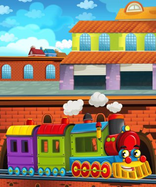 Şehrin yakınındaki tren istasyonunda çizgi film komik görünümlü tren - çocuklar için illüstrasyon