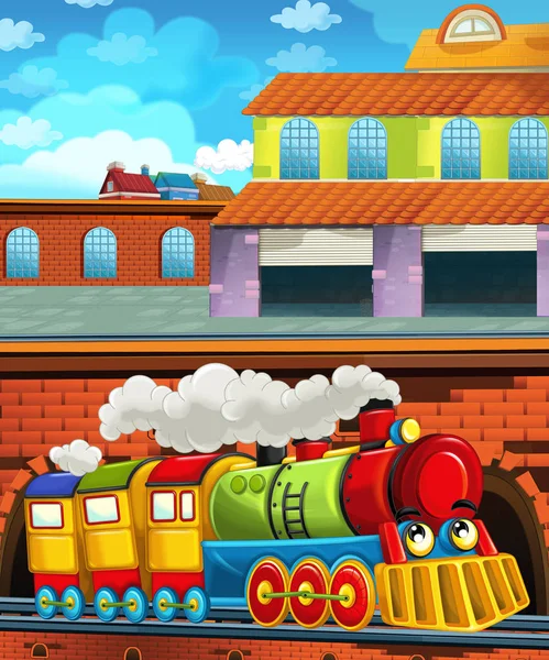 Cartoon funny looking train on the train station near the city - illustration for children — Stock Photo, Image