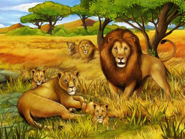 Çayırda aslanların olduğu çizgi film safari sahnesi - çocuklar için çizim