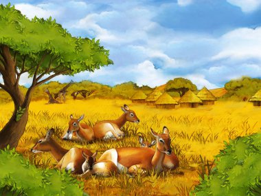 cartoon scene with koba lychee on the meadow with village in the background illustration for children clipart