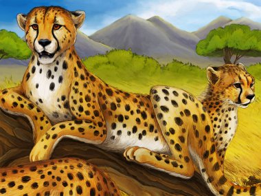 çocuklar için aile illüstrasyon ile ağaç üzerinde dinlenme çita ile karikatür sahnesi