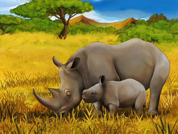 Escena de safari de dibujos animados con rinoceronte familia en el prado comer - ilustración para niños —  Fotos de Stock