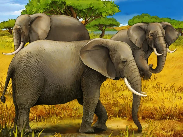 Scène de dessin animé avec éléphant famille safari illustration pour enfants — Photo