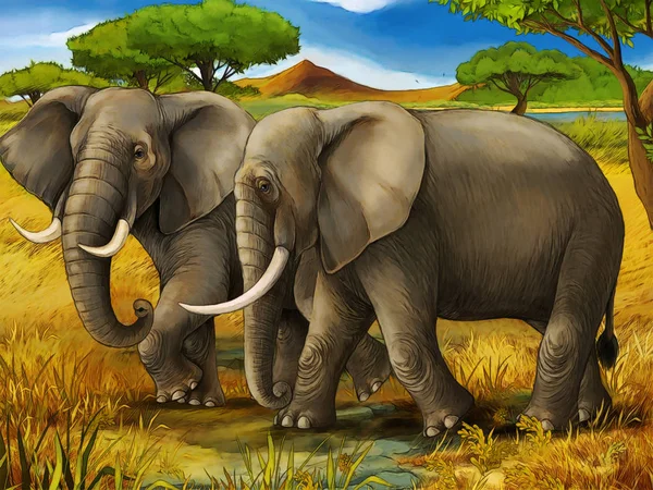 Scena del fumetto con elefante famiglia safari illustrazione per bambini — Foto Stock