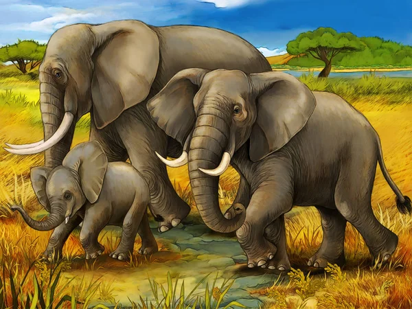 Escena de dibujos animados con elefante safari familiar ilustración para niños —  Fotos de Stock