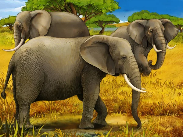 儿童卡通片，大象家庭旅行图解 — 图库照片