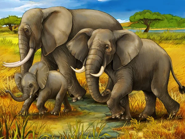 Мультяшна сцена зі слоном сімейне сафарі ілюстрація для дітей — стокове фото