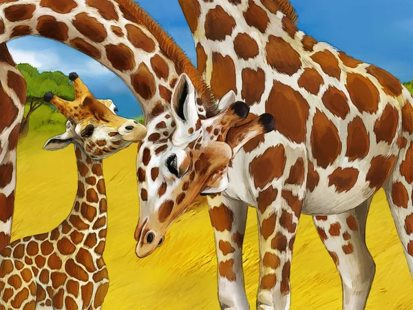 Мультяшна сафарі-сцена з сімейством жирафів, що їдять на лузі - ілюстрація для дітей — стокове фото