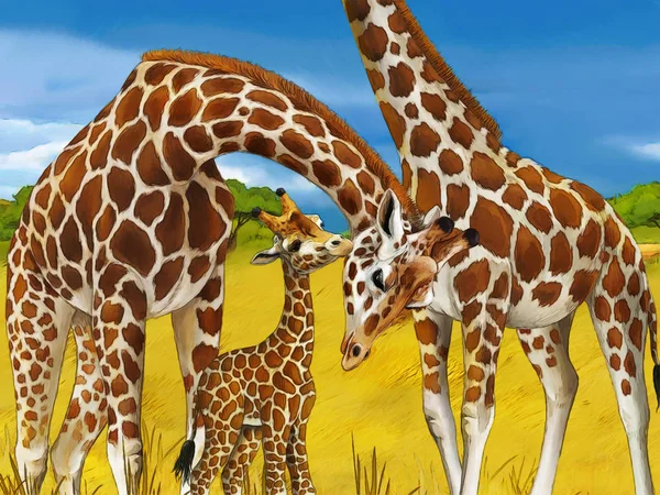 Safari de dibujos animados con jirafas comiendo en familia en el prado - ilustración para niños —  Fotos de Stock