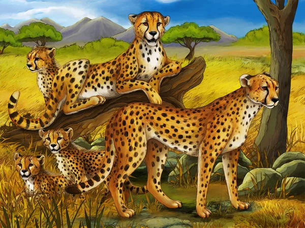 Cartoon scene with cheetah resting on tree with family illustration for children — Stock Photo, Image
