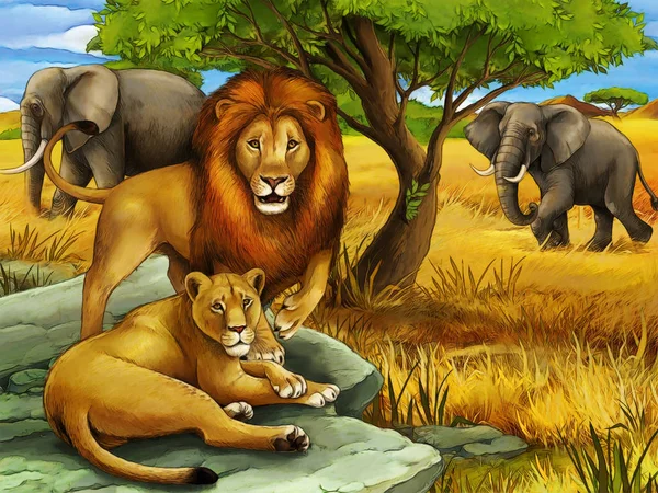 cartoon safari scene with lions on the meadow - illustration for children