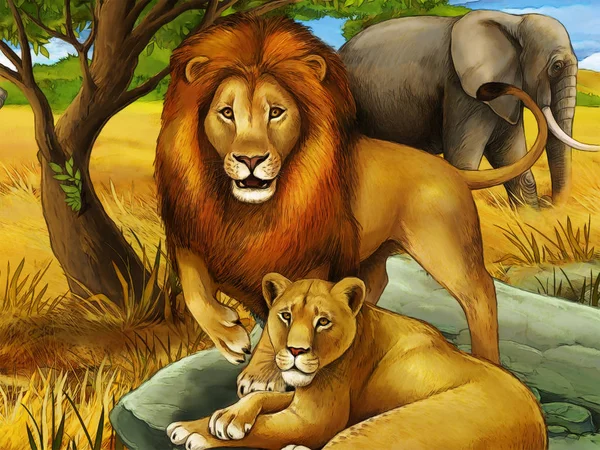 Safari de dibujos animados con leones en el prado - ilustración para niños —  Fotos de Stock