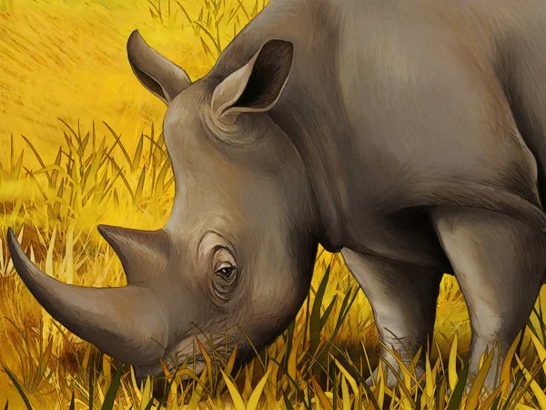 Cartoon safari scene with rhino rhinoceros family on the meadow eating - illustration for children — Stock Photo, Image