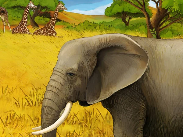 Scène de dessin animé avec éléphant famille safari illustration pour enfants — Photo