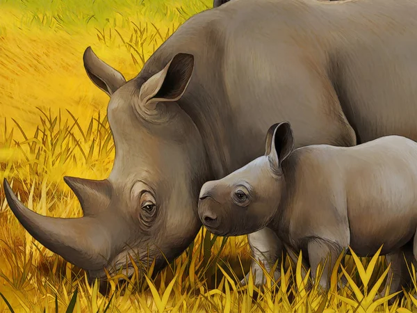 Cartoon safari scene with rhino rhinoceros family on the meadow eating - illustration for children — Stock Photo, Image