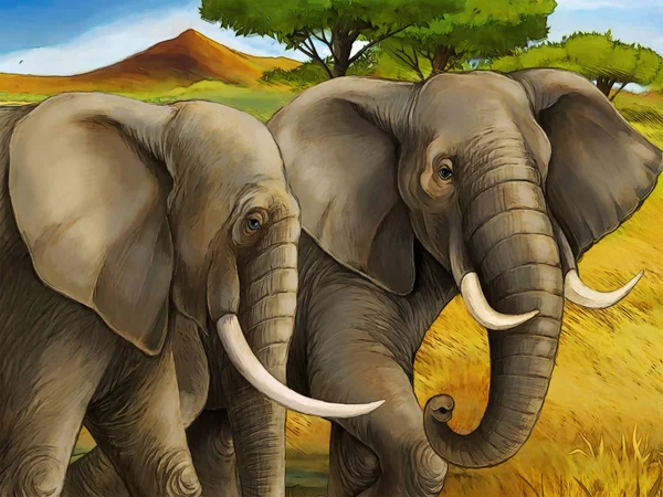 Scène de dessin animé avec éléphant famille safari illustration pour enfants — Photo