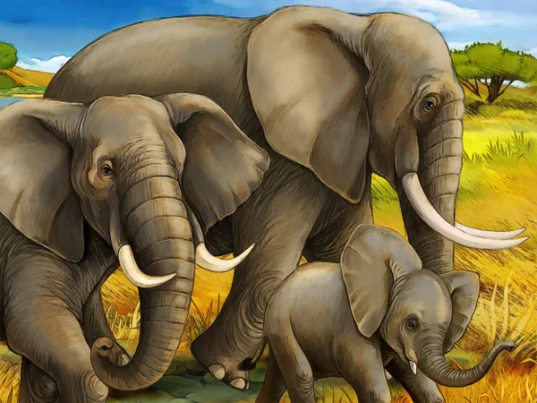 Escena de dibujos animados con elefante safari familiar ilustración para niños —  Fotos de Stock