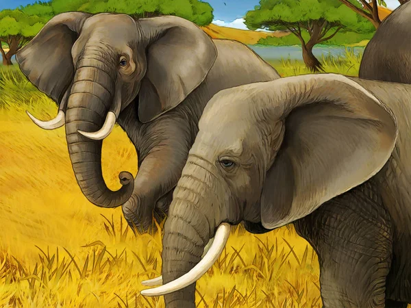 Escena de dibujos animados con elefante safari familiar ilustración para niños — Foto de Stock