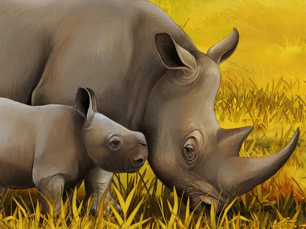 Scène de safari dessin animé avec rhinocéros famille sur la prairie manger illustration pour les enfants — Photo