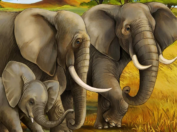 Kreslená scéna se safari ilustrací rodiny slonů pro děti — Stock fotografie