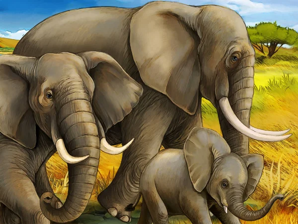 象の家族のサファリイラストが描かれた漫画シーン — ストック写真