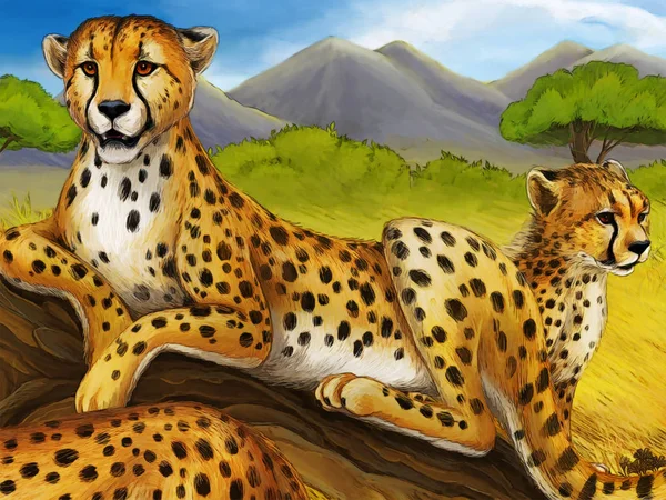Scena dei cartoni animati con ghepardo appoggiato su albero con illustrazione familiare per bambini — Foto Stock