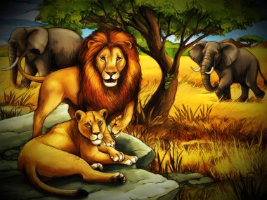 Çayırda aslanların olduğu çizgi film safari sahnesi.