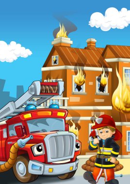 İtfaiyecinin bina yakınında olduğu çizgi film sahnesi ve cesur itfaiye aracı çocuklar için renkli resimlere yardımcı oluyor.