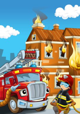 İtfaiyecinin bina yakınında olduğu çizgi film sahnesi ve cesur itfaiye aracı çocuklar için renkli resimlere yardımcı oluyor.
