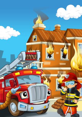 İtfaiyecinin bina yakınında olduğu çizgi film sahnesi ve cesur itfaiye aracı çocuklar için renkli resimlere yardımcı oluyor.