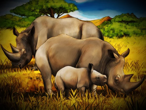 Cartoon safari scene with rhino rhinoceros family on the meadow — Stock Photo, Image