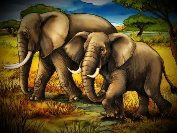 Escena de dibujos animados con elefante safari familiar ilustración para el niño — Foto de Stock