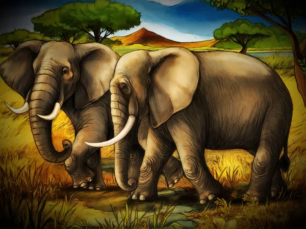 Escena de dibujos animados con elefante safari familiar ilustración para el niño — Foto de Stock
