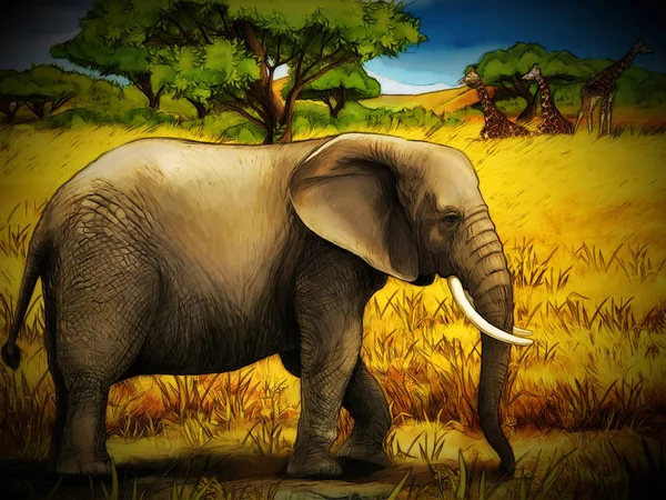 Scène de dessin animé avec éléphant famille safari illustration pour enfant — Photo