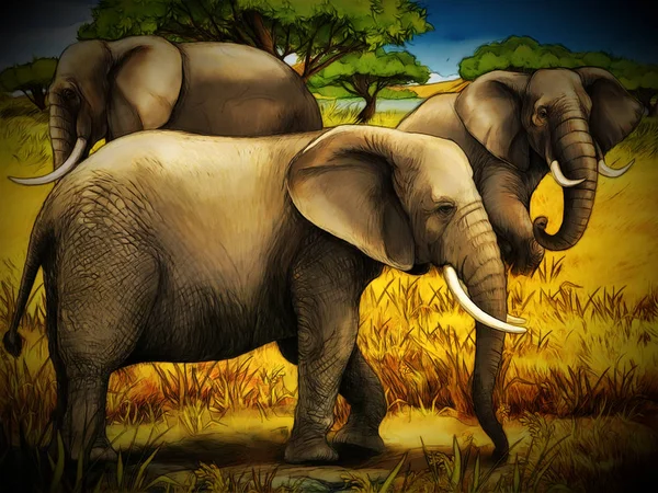 Scène de dessin animé avec éléphant famille safari illustration pour enfant — Photo