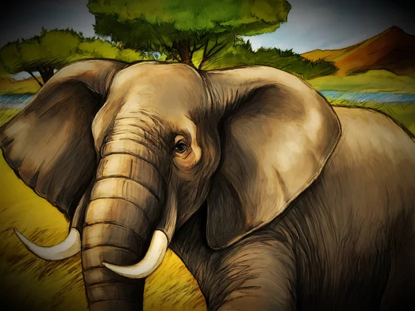 Scène de dessin animé avec éléphant famille safari illustration pour enfant — Photo