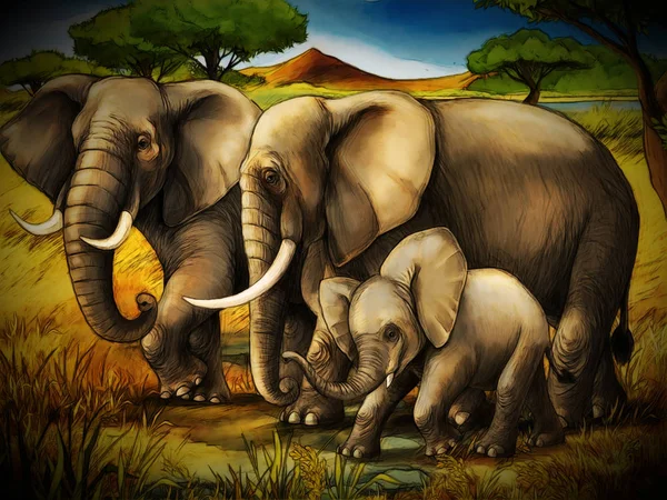 Tecknad scen med elefant familj safari illustration för barn — Stockfoto
