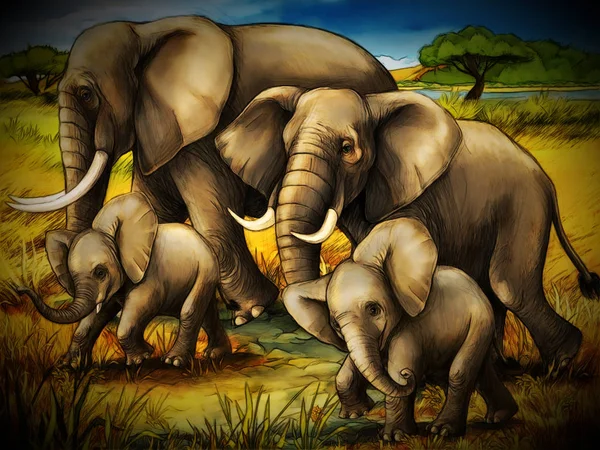 Мультяшна сцена зі слоном сімейне сафарі ілюстрація для дитини — стокове фото
