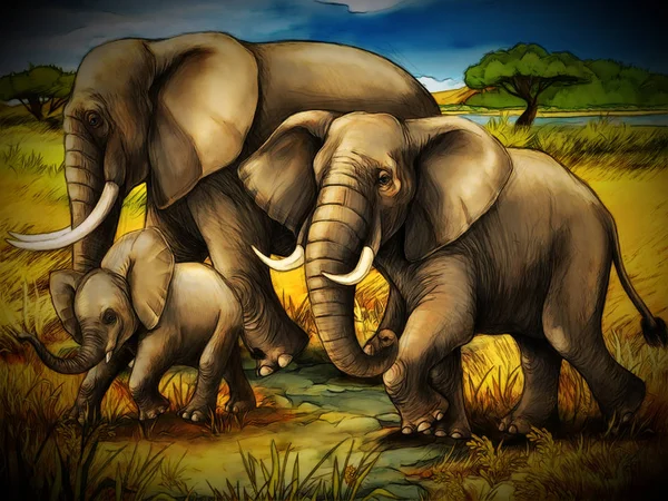 象の家族のサファリイラストが描かれた漫画シーン — ストック写真