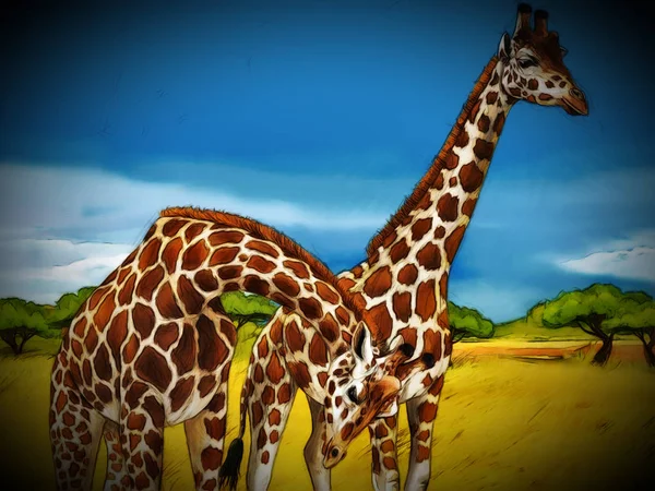 Dessin animé safari scène avec girafes famille manger sur la prairie  - — Photo