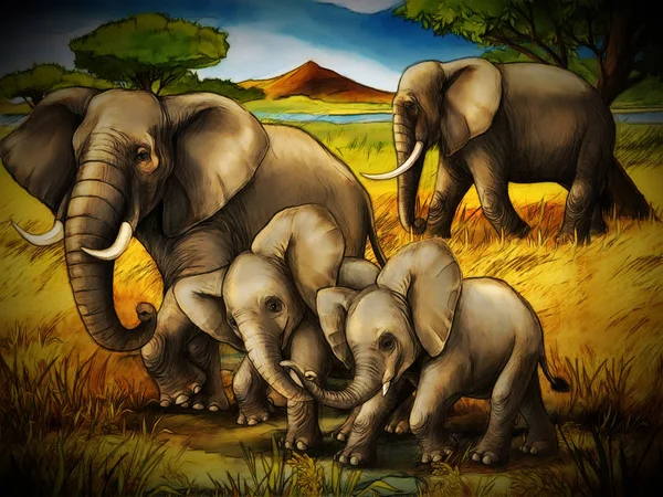 Kreslená scéna se sloní rodinou safari ilustrace pro dítě — Stock fotografie