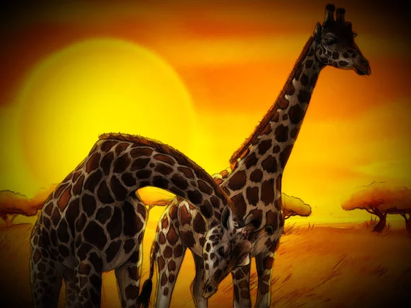 Мультфильм сафари сцена с жирафами семьи едят на лугу  - — стоковое фото