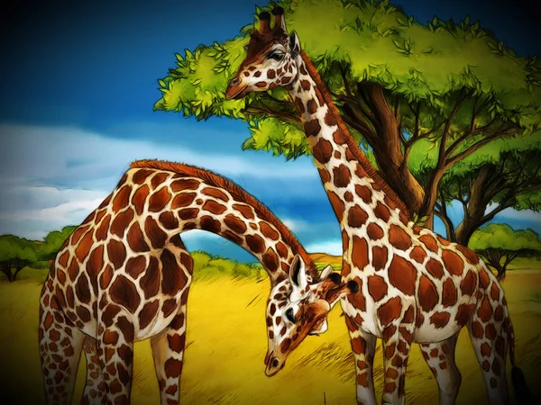 Dessin animé safari scène avec girafes famille manger sur la prairie  - — Photo