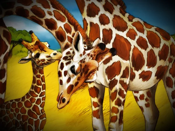 Safari de dibujos animados escena con jirafas familia comiendo en el prado  - —  Fotos de Stock