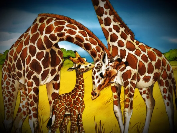 Dessin animé safari scène avec girafes famille manger sur la prairie  - — Photo