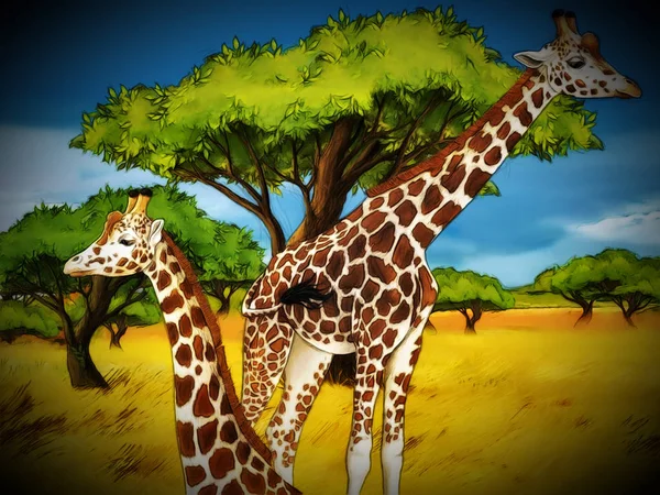 cartoon safari scene with giraffes family eating on the meadow -