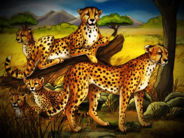 Cartoon scene with cheetah resting on tree with family illustrat — Stock Photo, Image